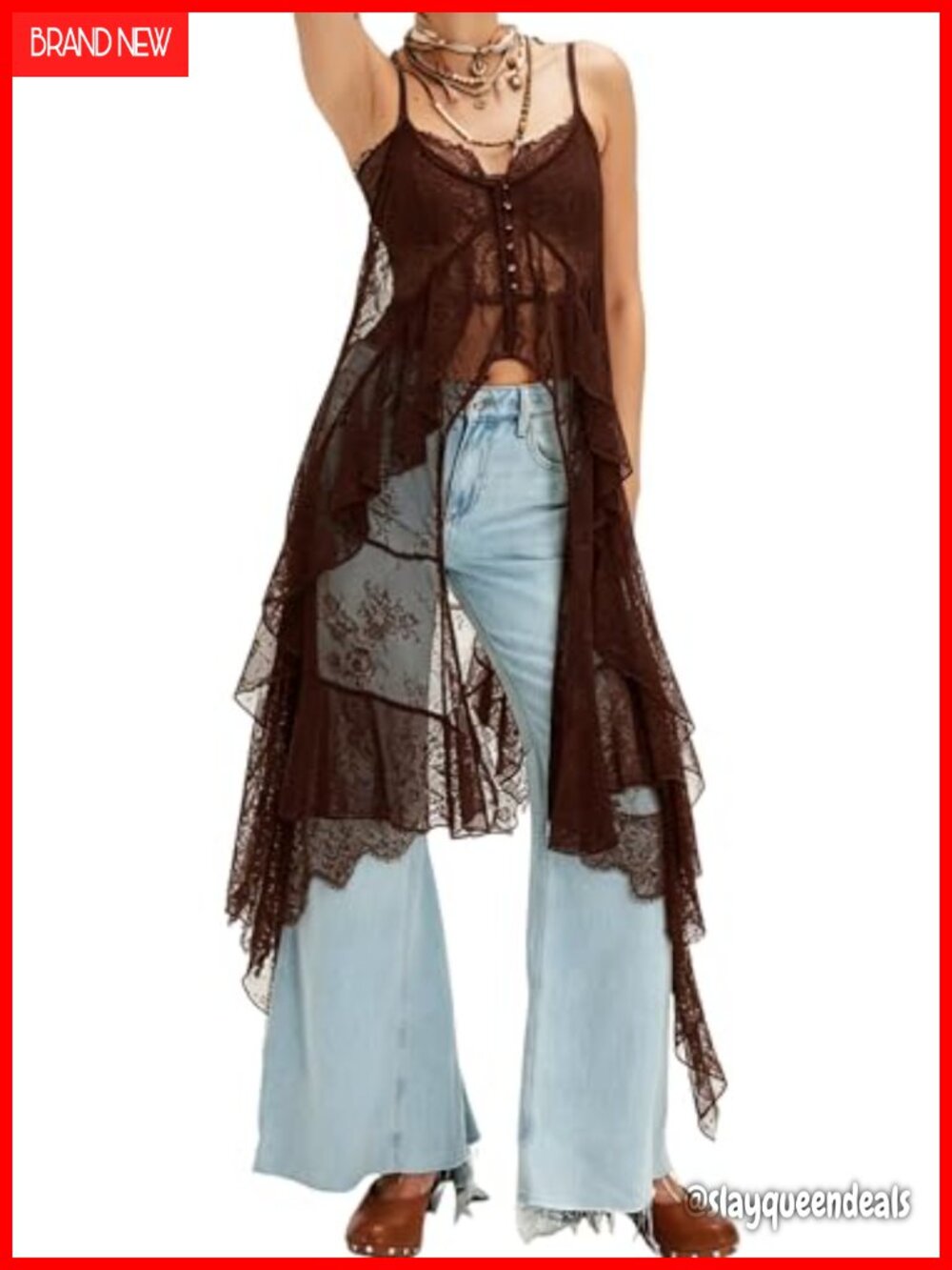 Women Lace Spaghetti Strap See Through Long Cami Layering Top